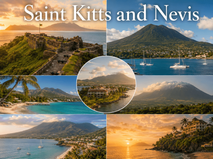 Saint Kitts and Nevis fortress, volcano mountains, beaches, and tropical islands