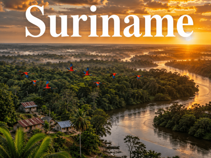 Amazon rainforest and river landscape in Suriname at sunset