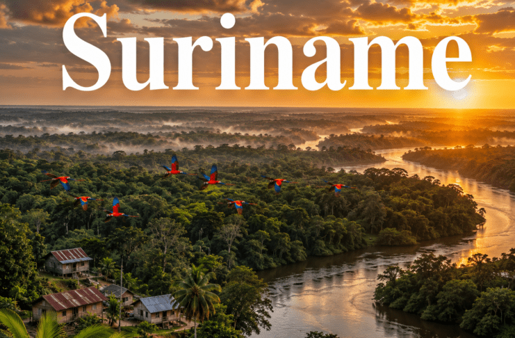 Amazon rainforest and river landscape in Suriname at sunset