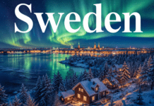 167.Sweden Travel Guide Nature, Cities & Culture Snowy forest and northern lights over winter landscape in Sweden