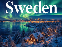 Snowy forest and northern lights over winter landscape in Sweden