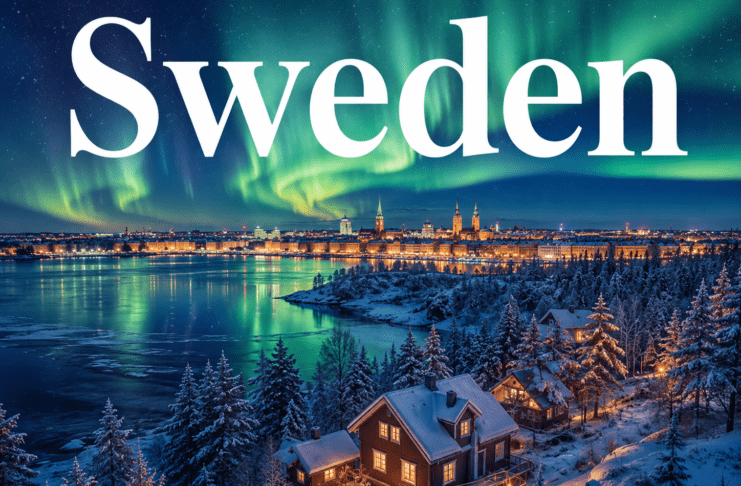 Snowy forest and northern lights over winter landscape in Sweden