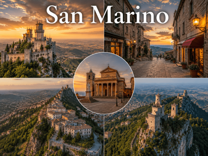 San Marino medieval fortress towers, mountain cityscape, and European historic landscape