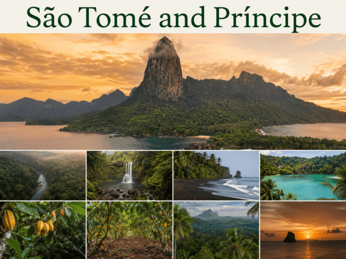 São Tomé and Príncipe volcanic peak, rainforest, lagoon, and tropical island scenery