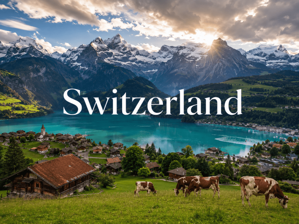 Snow-covered Swiss Alps with lakes, villages, and green meadows under sunlight”