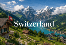 168.Switzerland Travel Guide Alps, Cities & Nature Snow-covered Swiss Alps with lakes, villages, and green meadows under sunlight