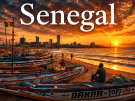 152.Senegal Travel Guide: History, Culture & Tourism Colorful fishing boats along the Atlantic coastline in Senegal during a golden sunset