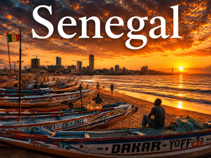 Colorful fishing boats along the Atlantic coastline in Senegal during a golden sunset