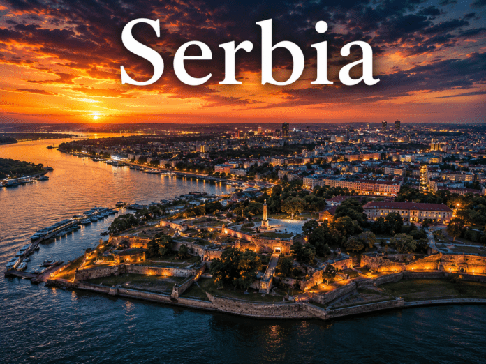Historic Belgrade Fortress and Danube River skyline in Serbia during sunset