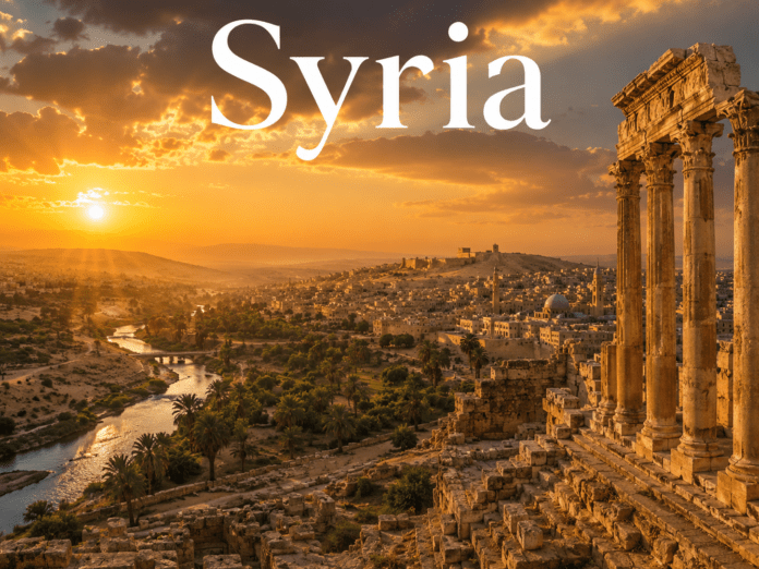 Ancient ruins and desert landscape in Syria at sunset