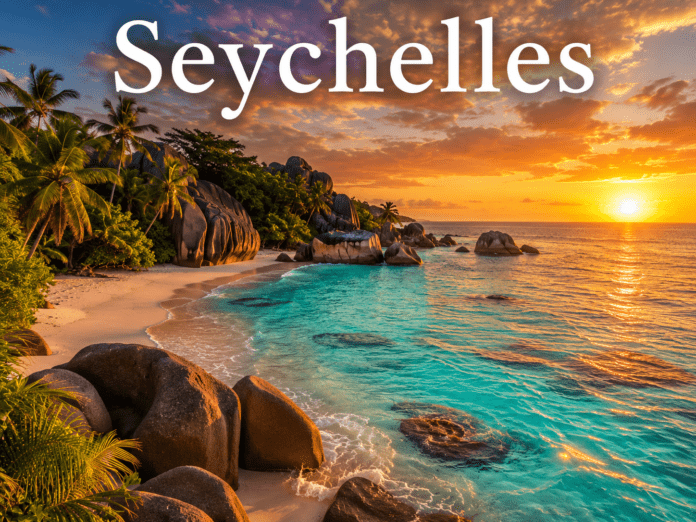 Tropical beach with turquoise ocean water and granite rocks in Seychelles at sunset