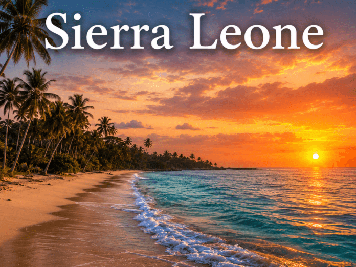 Tropical Atlantic beach coastline in Sierra Leone with palm trees at sunset