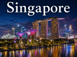Modern skyline and Marina Bay waterfront in Singapore illuminated at night