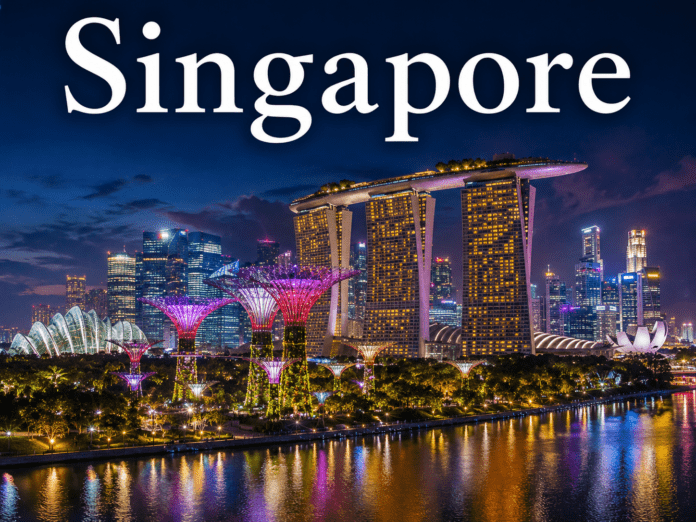 Modern skyline and Marina Bay waterfront in Singapore illuminated at night