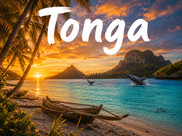 Tropical islands and turquoise ocean lagoon in Tonga