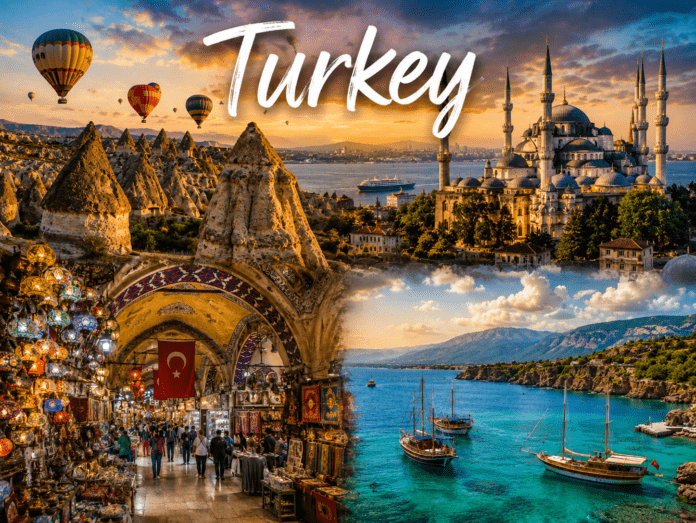 Hot air balloons and historic skyline in Turkey