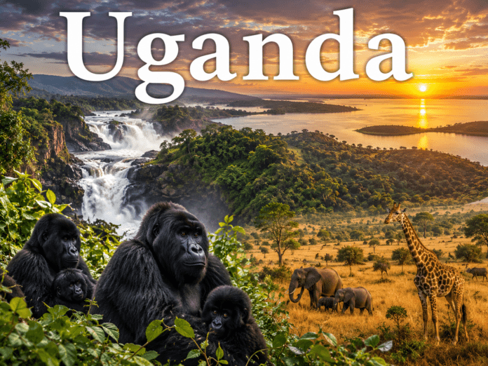 Mountain gorillas and safari landscape in Uganda