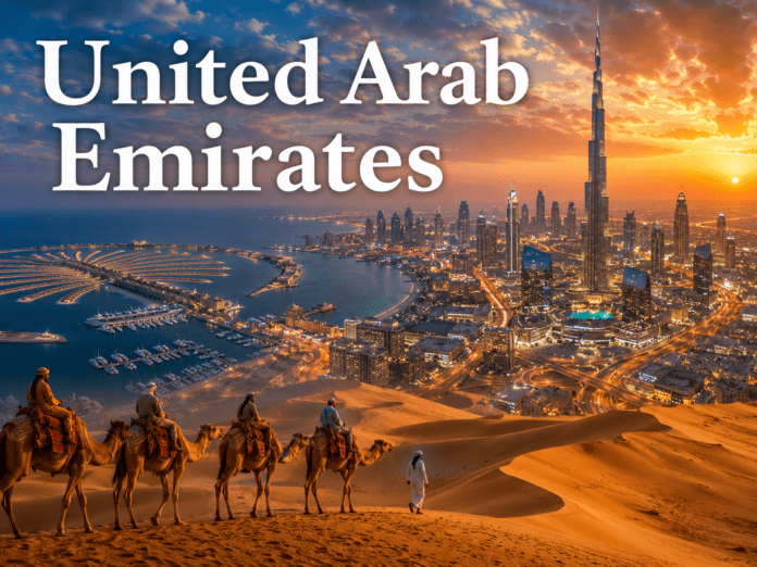Dubai skyline and desert safari landscape in United Arab Emirates