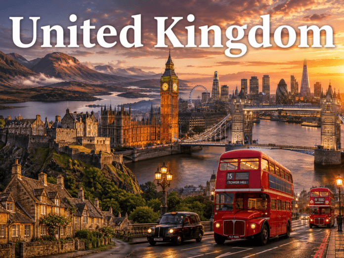 London skyline and historic countryside in United Kingdom