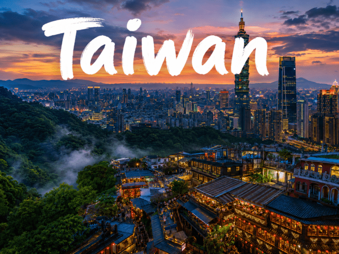 Taipei skyline, mountains, and colorful night markets in Taiwan at sunset