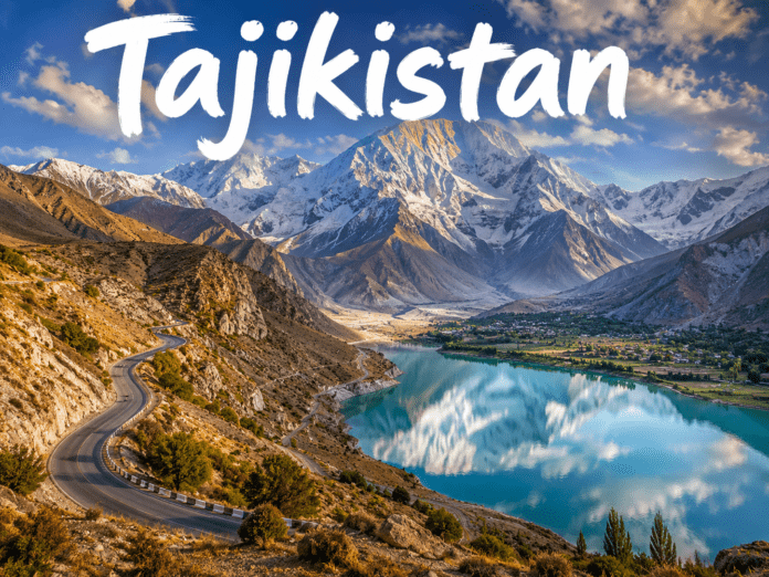 Snow-covered Pamir Mountains and alpine lake landscape in Tajikistan