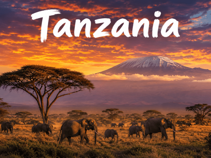Elephants in Serengeti with Mount Kilimanjaro landscape in Tanzania