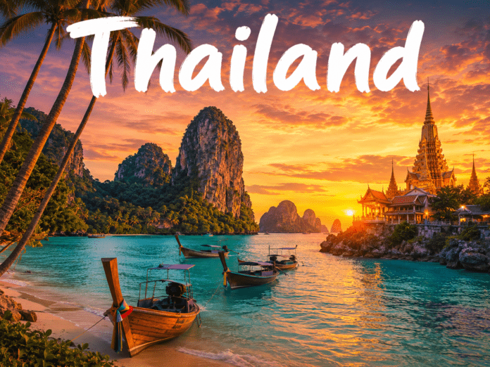 Tropical islands, temple, and beach landscape in Thailand at sunset