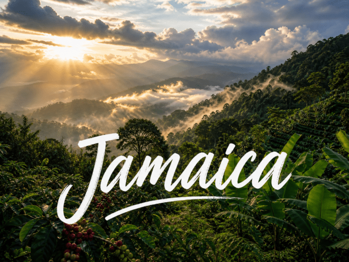 Jamaica Blue Mountains misty rainforest landscape with coffee plantations