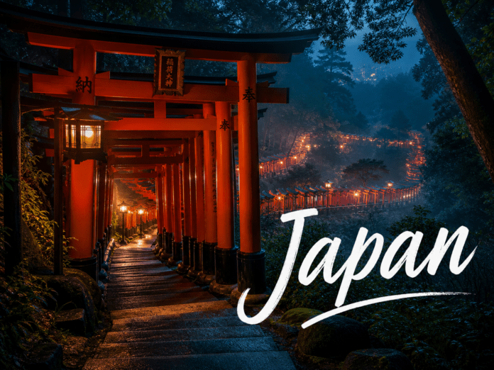 Japan Fushimi Inari Shrine glowing torii gates misty night path