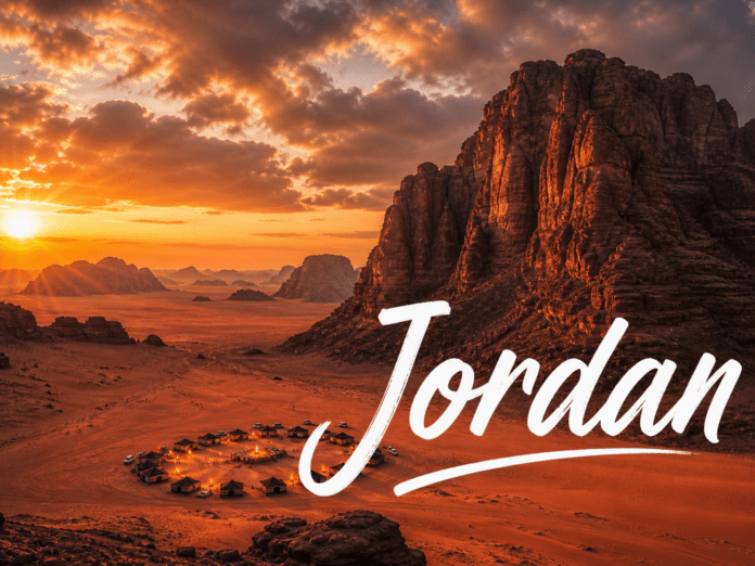 Jordan Wadi Rum desert sandstone cliffs sunset Bedouin camp view