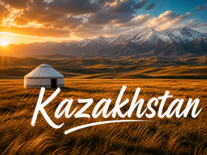 Kazakhstan golden steppe landscape with yurt and distant mountains