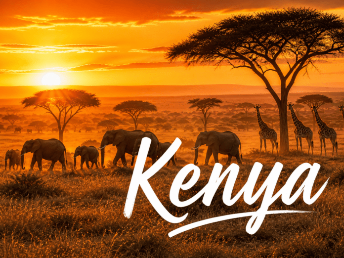 Kenya Maasai Mara elephants giraffes sunset savannah golden landscape