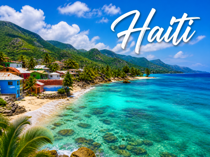 Haiti tropical coastline with turquoise Caribbean sea and mountains