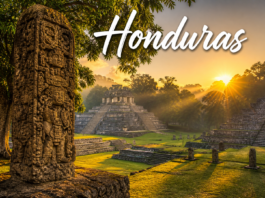 Honduras Copán Ruins ancient Mayan city with jungle and sunrise