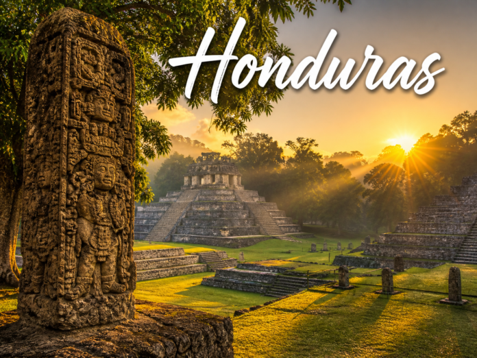 Honduras Copán Ruins ancient Mayan city with jungle and sunrise