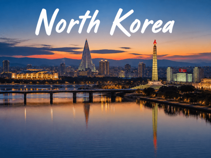 North Korea Pyongyang skyline river reflection twilight city mountains view