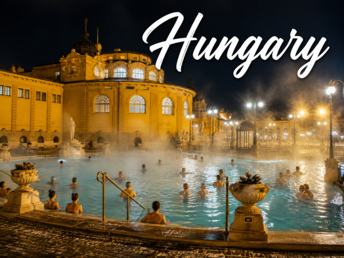 Hungary Széchenyi Thermal Bath at night with illuminated spa pools