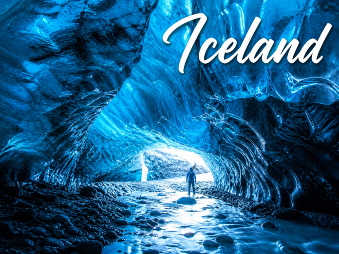 Iceland Vatnajökull glacier ice cave with blue crystal formations