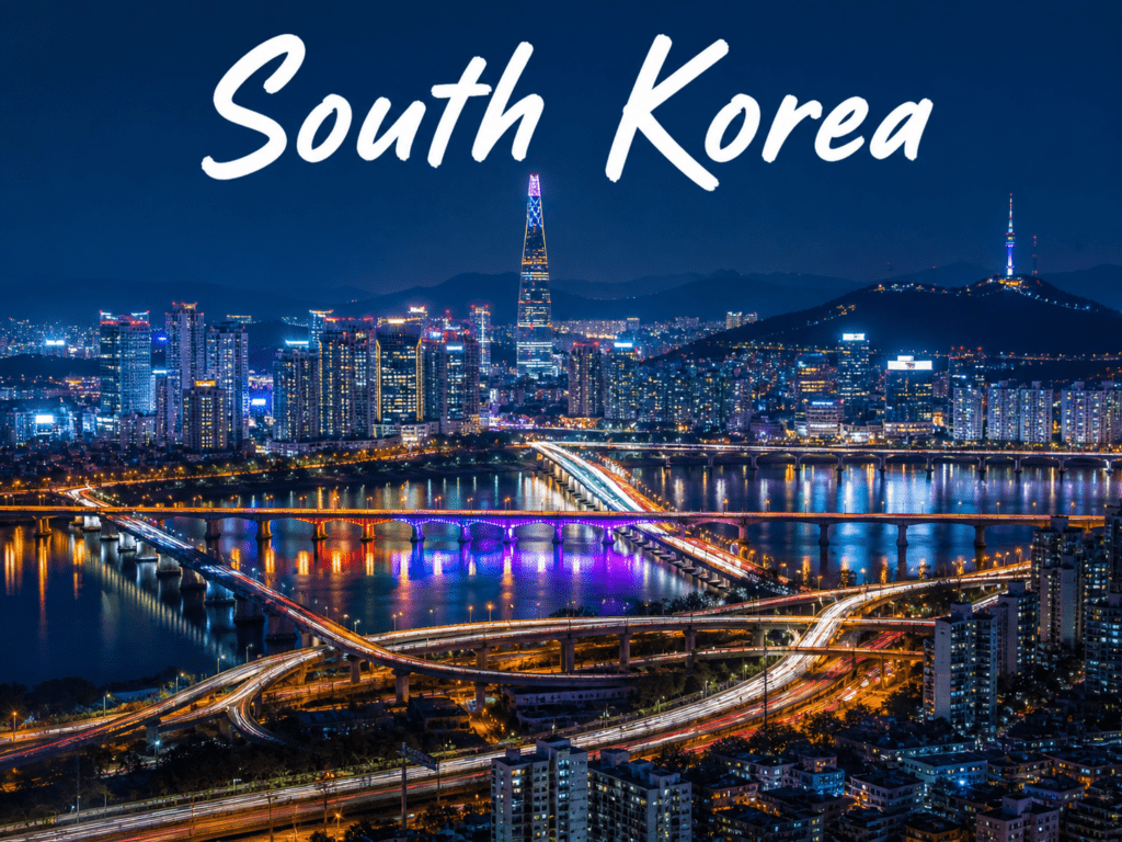 South Korea Seoul skyline night Han River neon lights futuristic city view