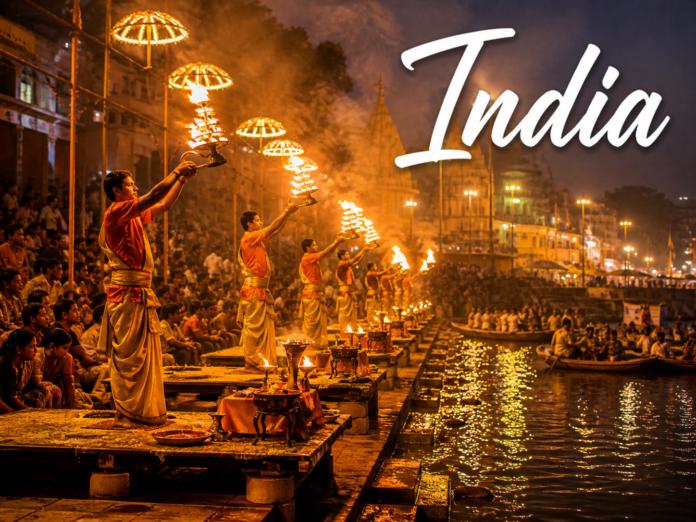 India Varanasi Ganga Aarti ceremony with glowing lamps and river reflections