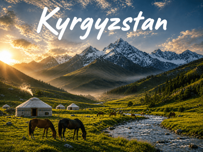 Kyrgyzstan Tian Shan mountains alpine valley yurts horses sunrise landscape view