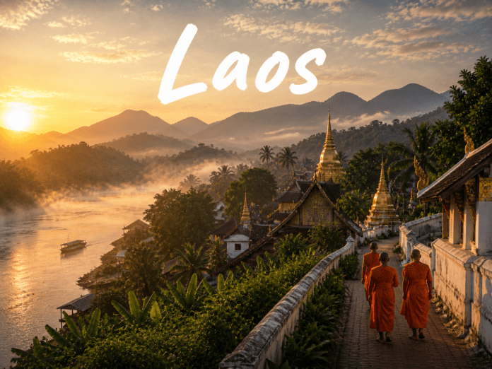 Laos Luang Prabang monks Mekong River Buddhist temples sunrise mist mountains view