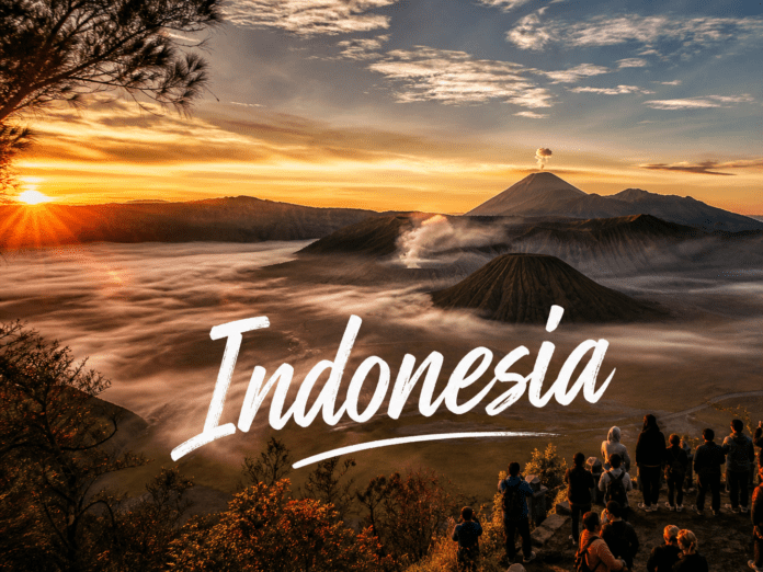 Indonesia Mount Bromo volcano sunrise with misty caldera landscape