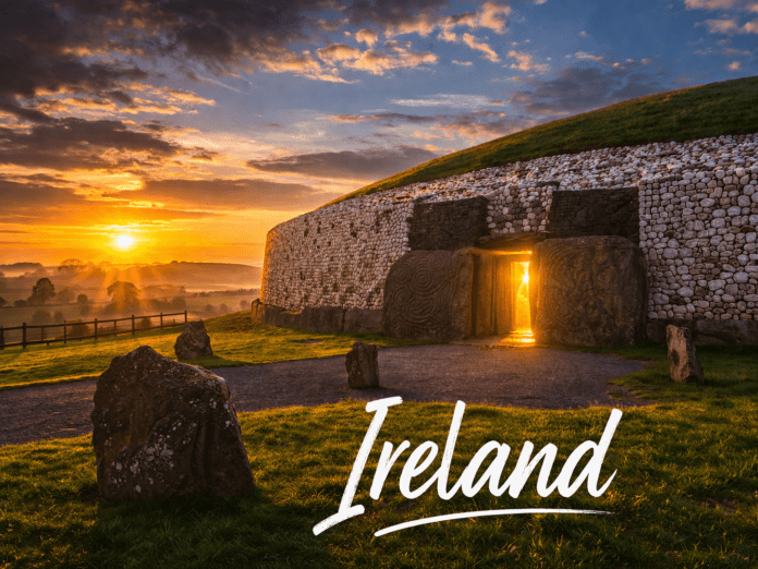Ireland Newgrange ancient passage tomb sunrise with golden light