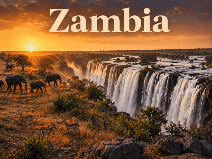 Scenic waterfall and wildlife landscape in Zambia