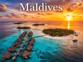 Maldives overwater villas turquoise lagoon sunset luxury island paradise view