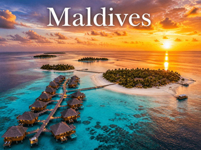 Maldives Luxury Overwater Villas Sunset Lagoon View Maldives overwater villas turquoise lagoon sunset luxury island paradise view