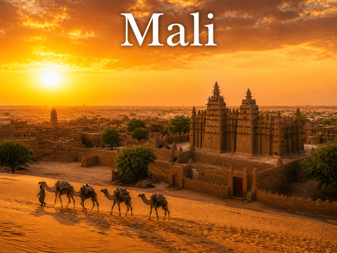 Mali Timbuktu Sahara desert camels ancient mud city sunset landscape view