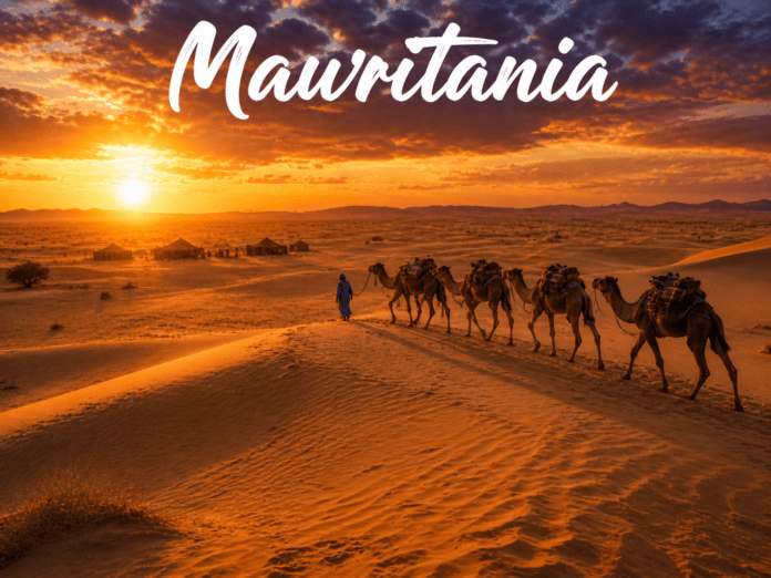Sahara desert camel caravan sunset dunes nomadic tents West Africa landscape view