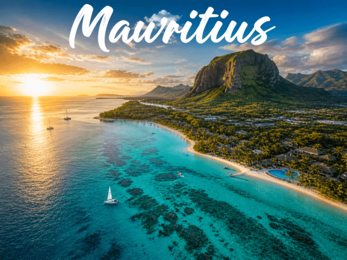 Indian Ocean tropical island turquoise lagoon white beaches volcanic mountains luxury resort sunrise view